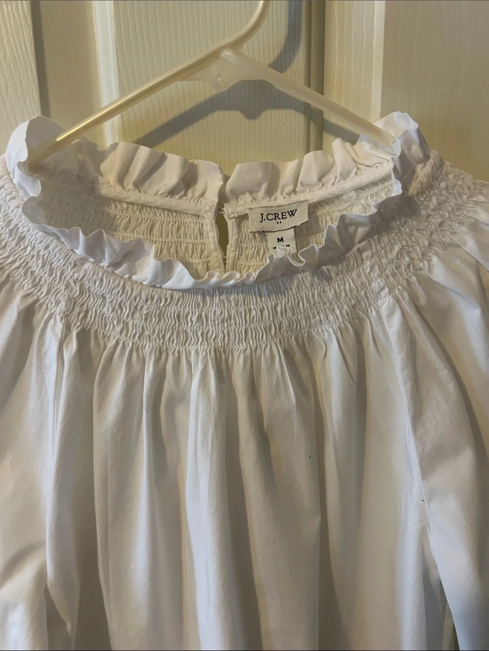 J. Crew White Smocked Ruffle-Neck Blouse